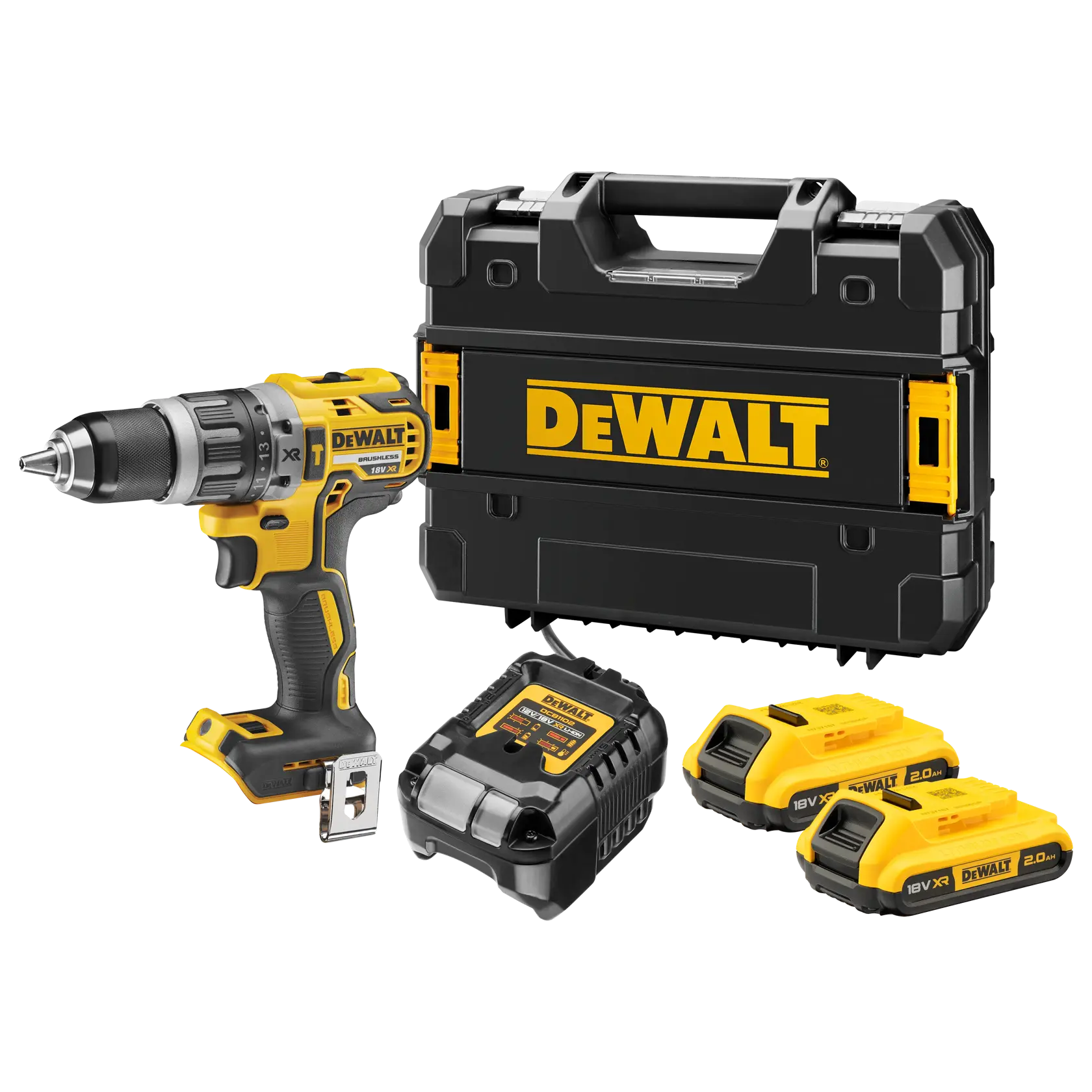 DEWALT cordless drill set including a yellow and black 18V brushless drill, battery charger, two batteries, and a hard carrying case.