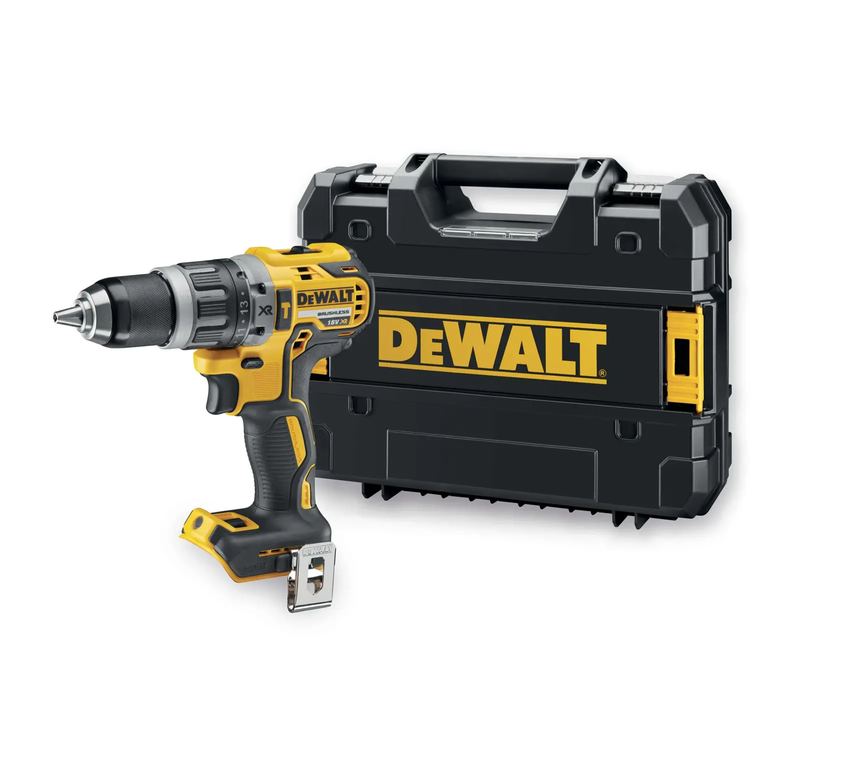 A DEWALT cordless drill with a black and yellow design is positioned in front of a matching DEWALT-branded carrying case.