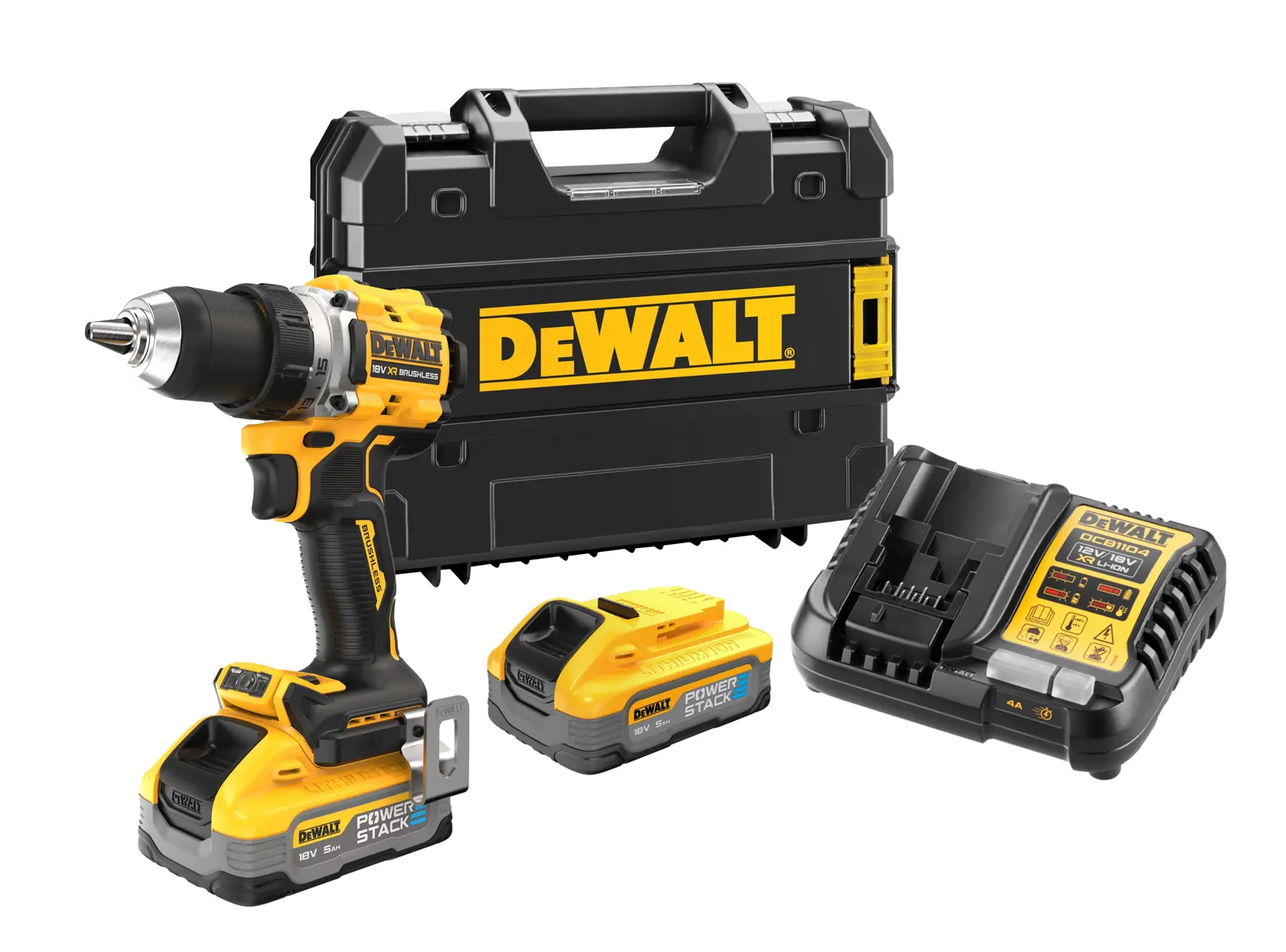 Kit de perceuse DEWALT avec mallette, deux batteries et chargeur présenté.