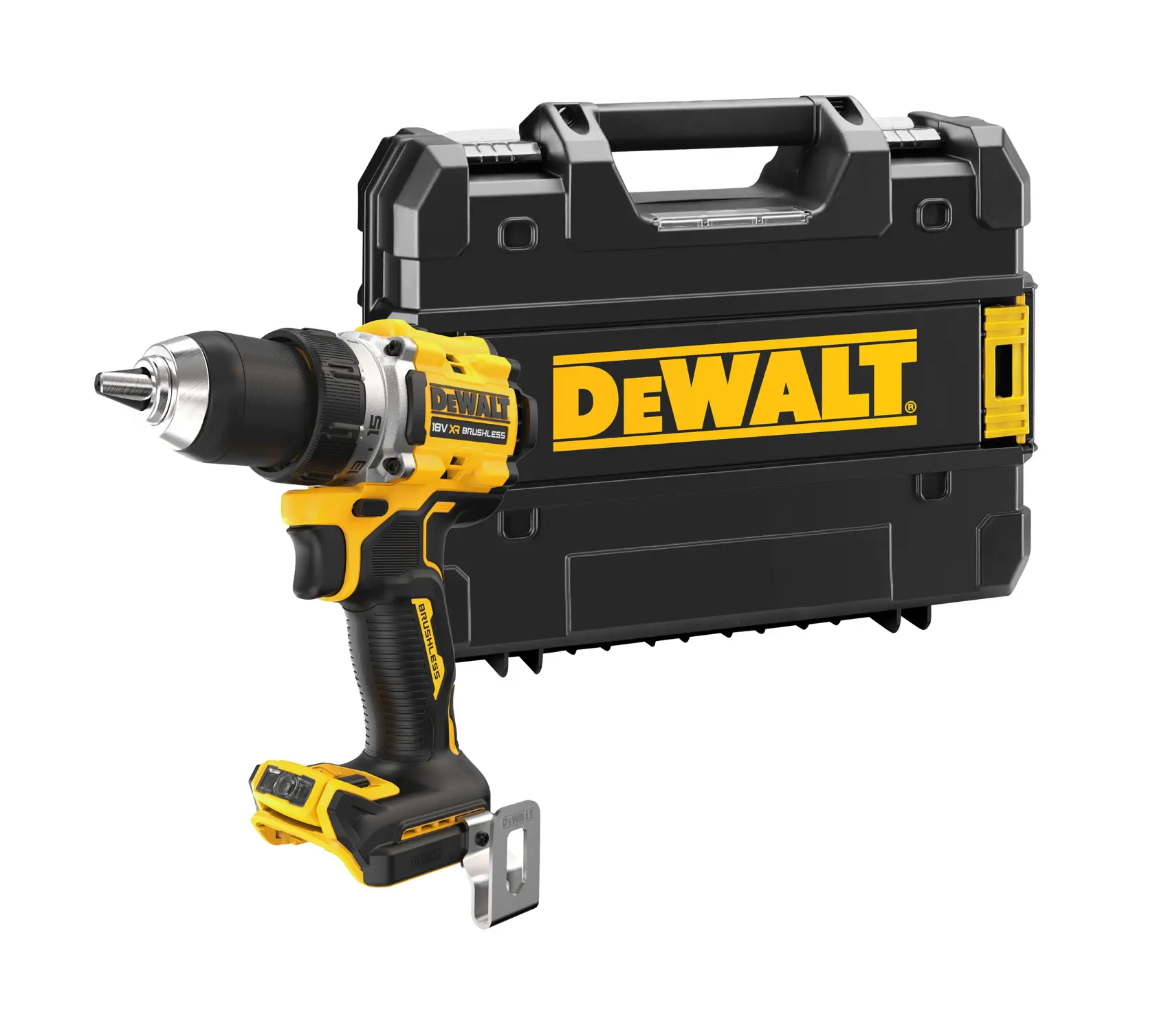 Perceuse sans fil DEWALT avec une valise noire et jaune en arrière-plan.
