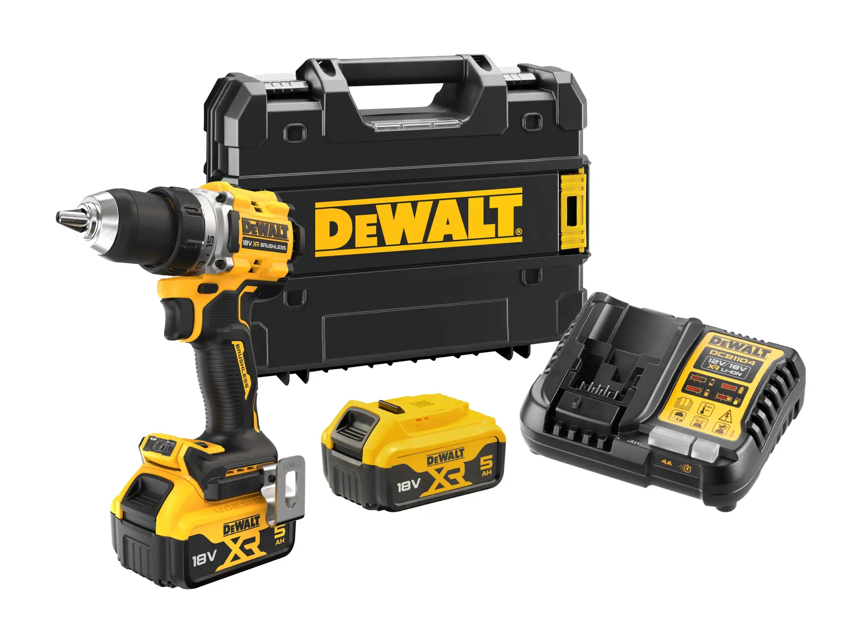 Un ensemble de perceuse sans fil DEWALT comprenant une perceuse sans balais 18V, deux batteries lithium-ion XR 18V, un chargeur et une mallette de transport noire DEWALT.