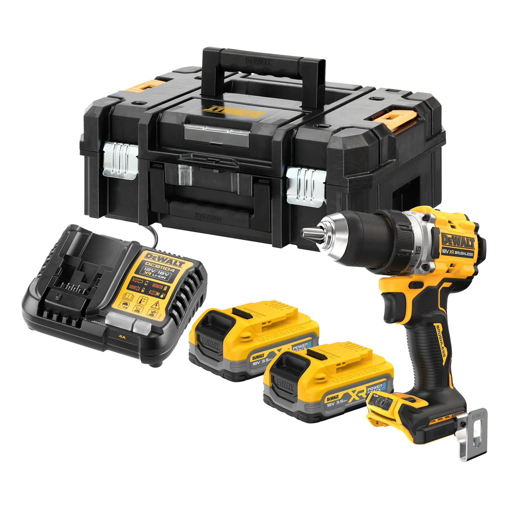 Ensemble de perceuse sans fil DEWALT comprenant une perceuse noire et jaune, deux batteries rechargeables, un chargeur de batterie et une valise de transport noire robuste.