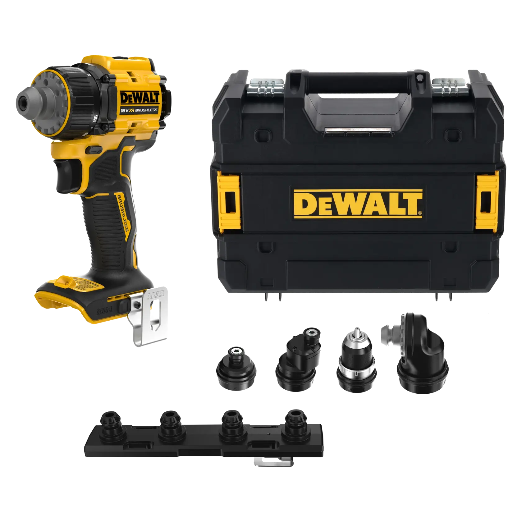 DEWALT drill set with case and attachments, SKUs DCD803NT-XJ, DCD803NT. Photography category.