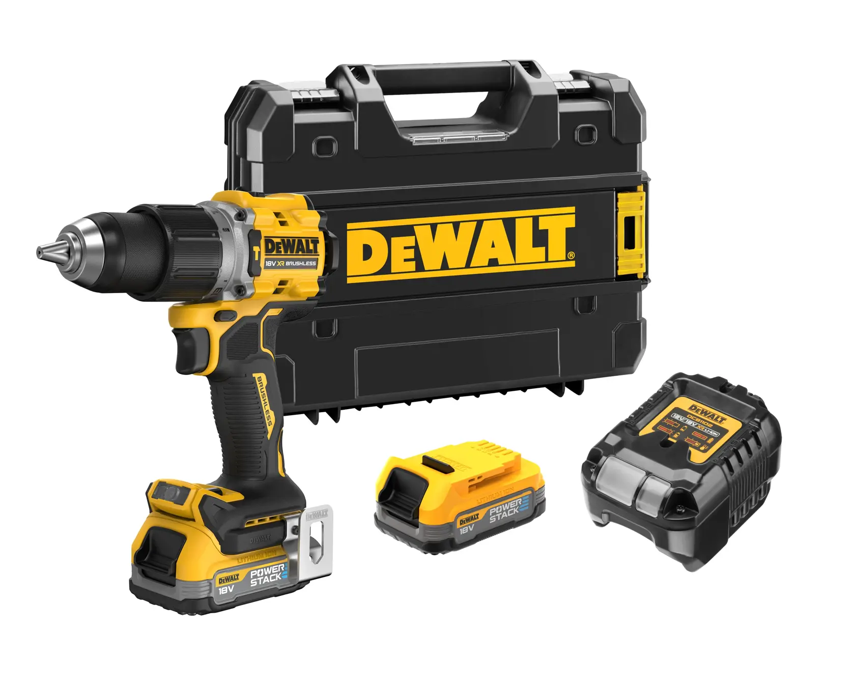 Un ensemble de perceuse sans fil DEWALT avec une perceuse noire et jaune, deux batteries power stack, un chargeur de batterie et une mallette de transport noire robuste avec le logo DEWALT.