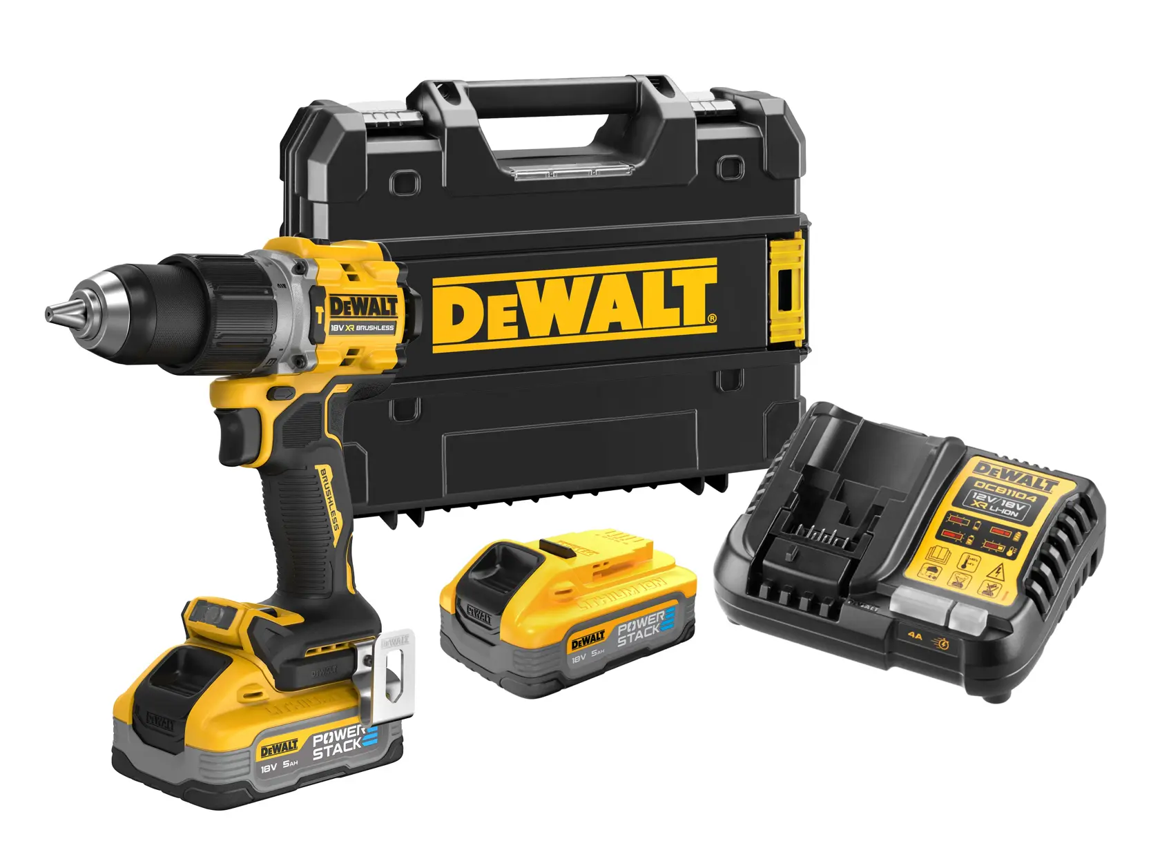 Kit DEWALT avec perceuse, batteries, chargeur et mallette rigide sur fond blanc.