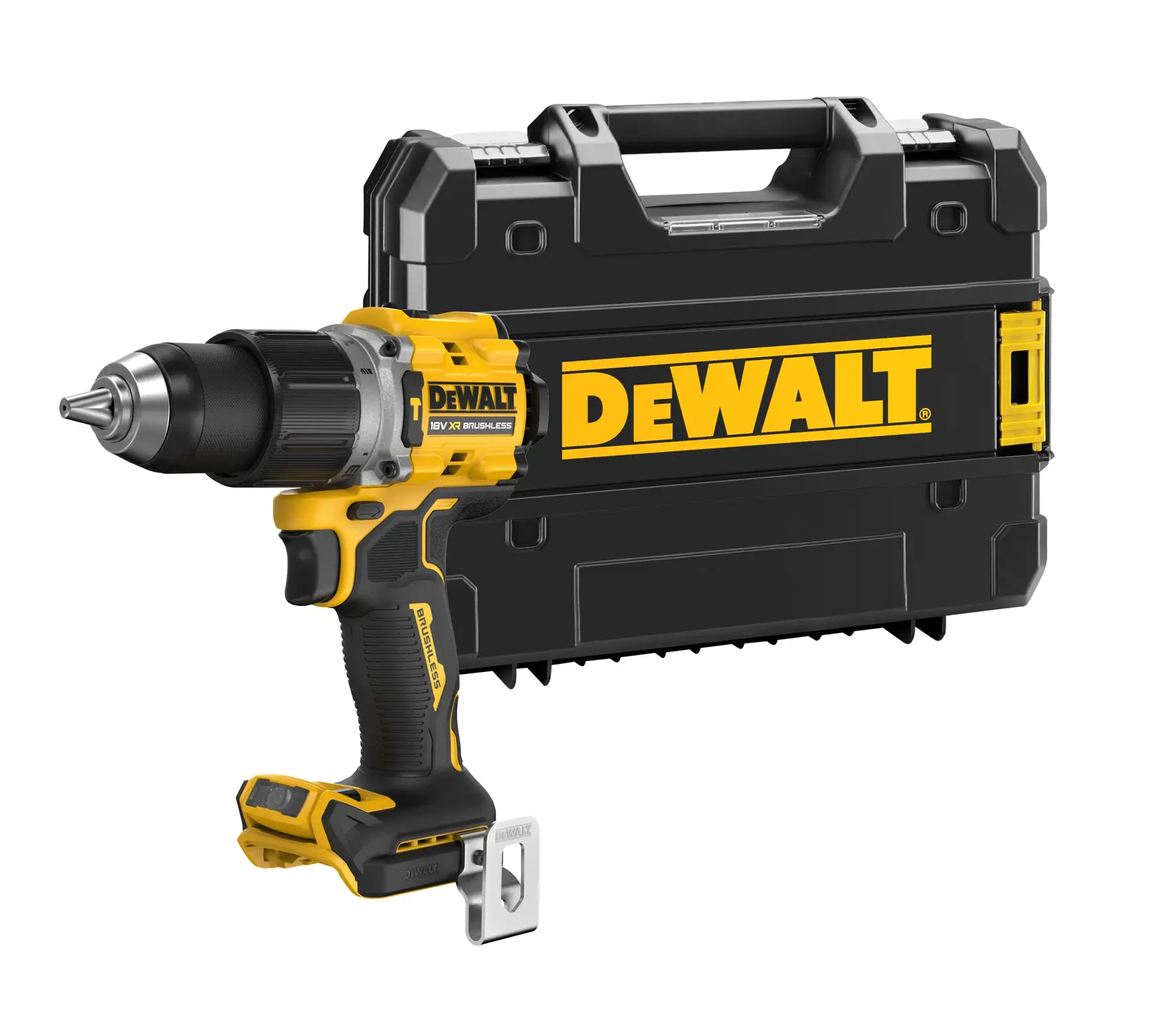 Une perceuse sans fil DEWALT avec moteur sans balais, présentée devant une mallette de transport noire et jaune DEWALT.