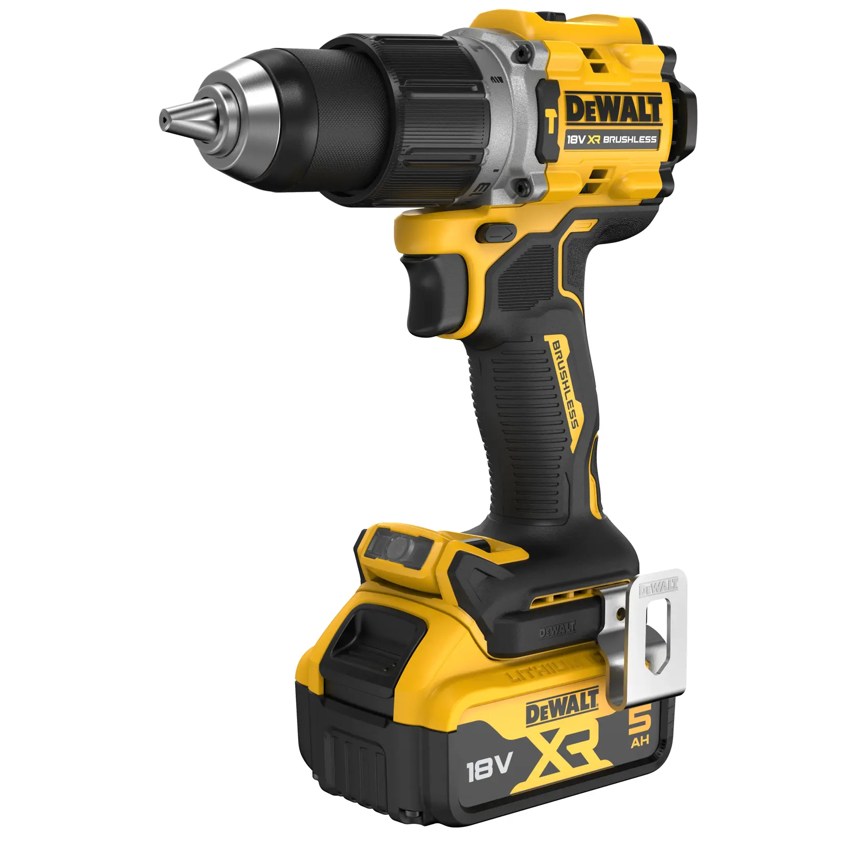 Une perceuse sans fil DEWALT 18V XR brushless avec un design noir et jaune, dotée d'une batterie lithium-ion de 5 Ah, d'une poignée ergonomique et d'un clip de ceinture.
