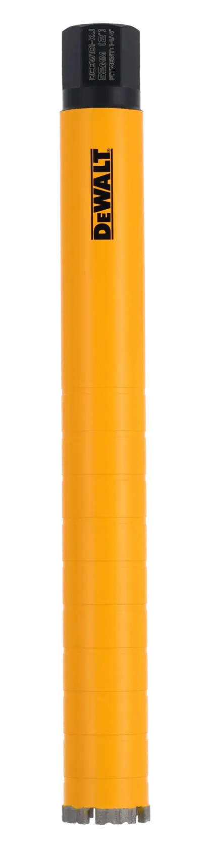 Composant cylindrique jaune DEWALT avec capuchon noir, présenté verticalement sur fond blanc.