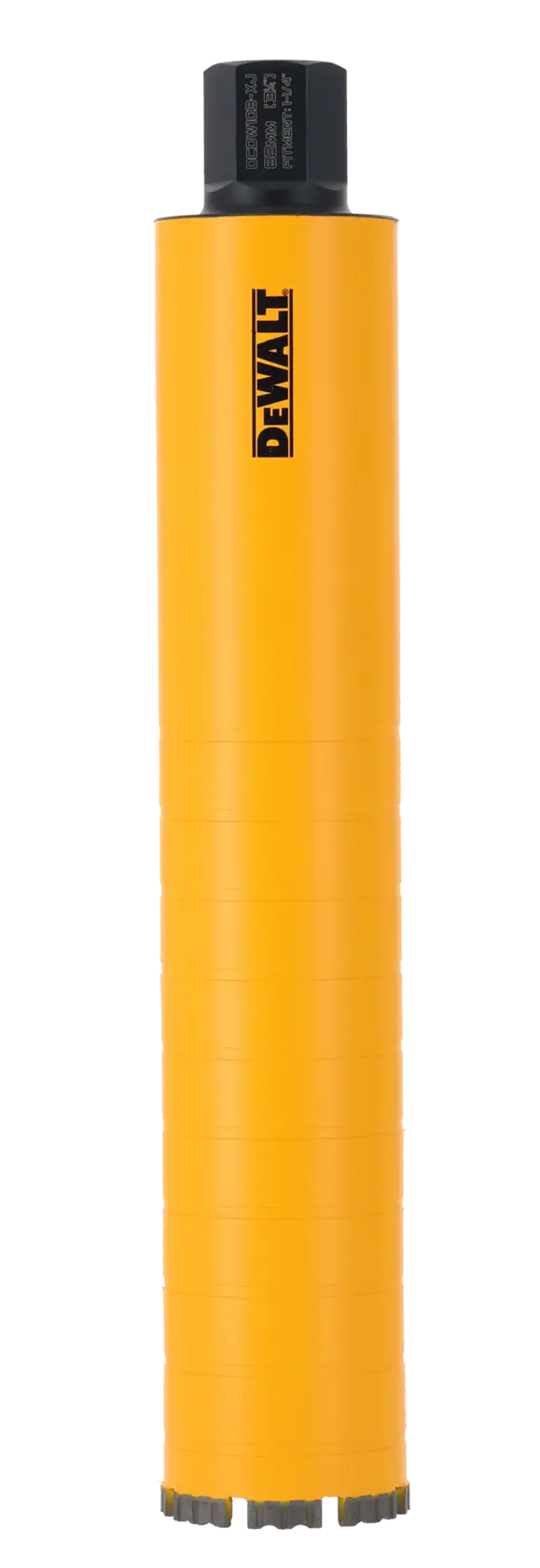 Foret cylindrique jaune DEWALT avec connecteur noir, position verticale sur fond blanc.