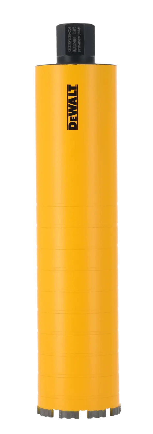 Foret cylindrique DEWALT jaune à tête noire, position verticale, logo visible sur fond blanc.