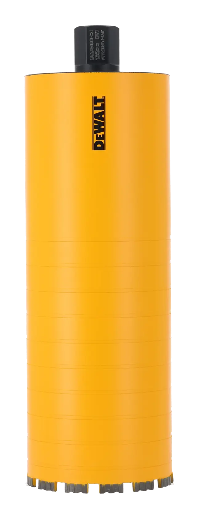 Foret cylindrique jaune DEWALT pour carottage, présenté verticalement sur fond blanc.