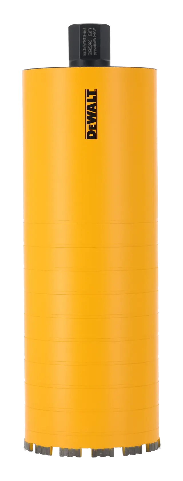 Foret carotteur DEWALT jaune, forme cylindrique et bord segmenté, utilisé pour percer des matériaux durs.