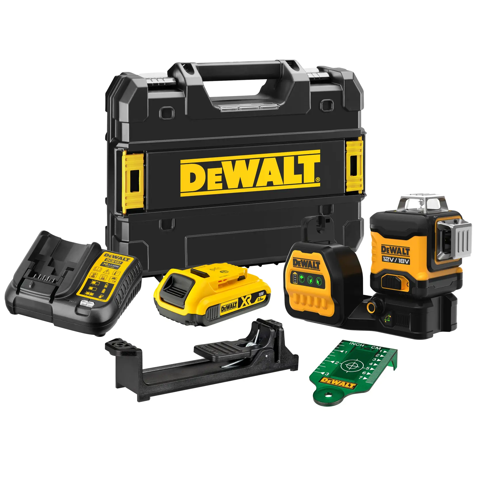 Un kit niveau laser DEWALT comprenant une mallette de transport noire et jaune, un chargeur de batterie, une batterie rechargeable, un support de montage, un niveau laser vert et une plaque cible verte.