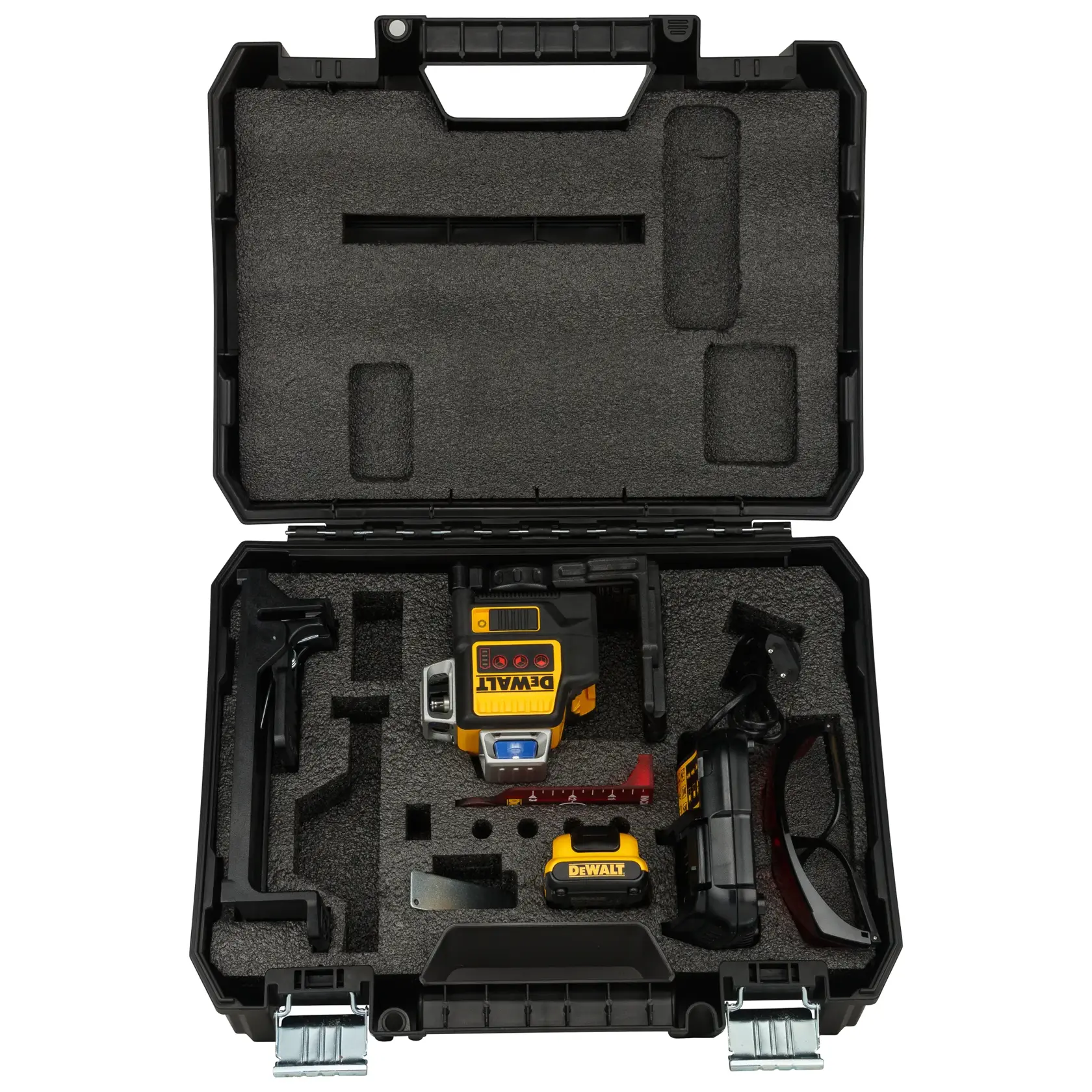 Kit niveau laser DEWALT dans une mallette noire avec mousse, accessoires, batterie et lunettes de sécurité.