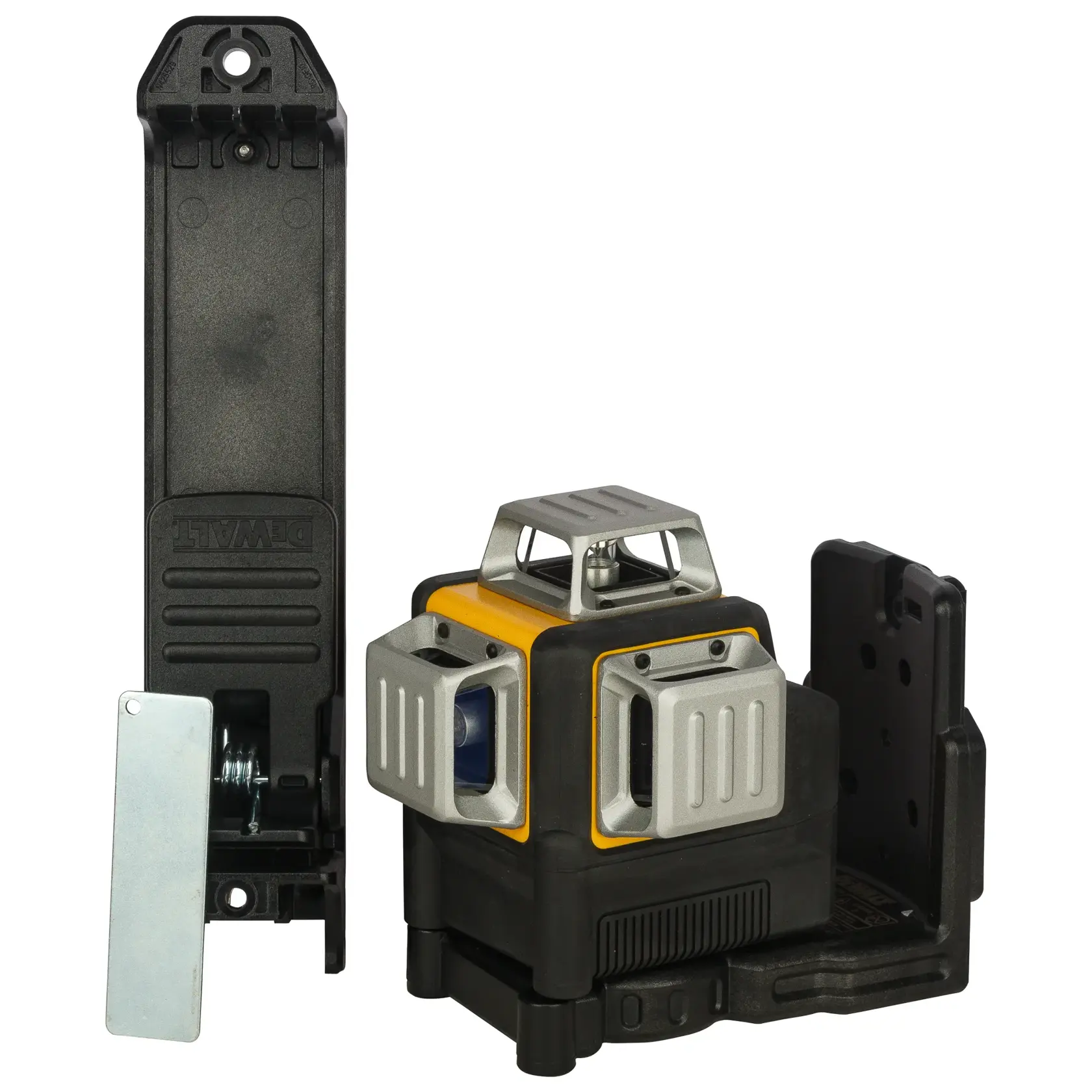 Niveau laser DEWALT avec accessoire de montage, pour alignement précis en construction et photographie.