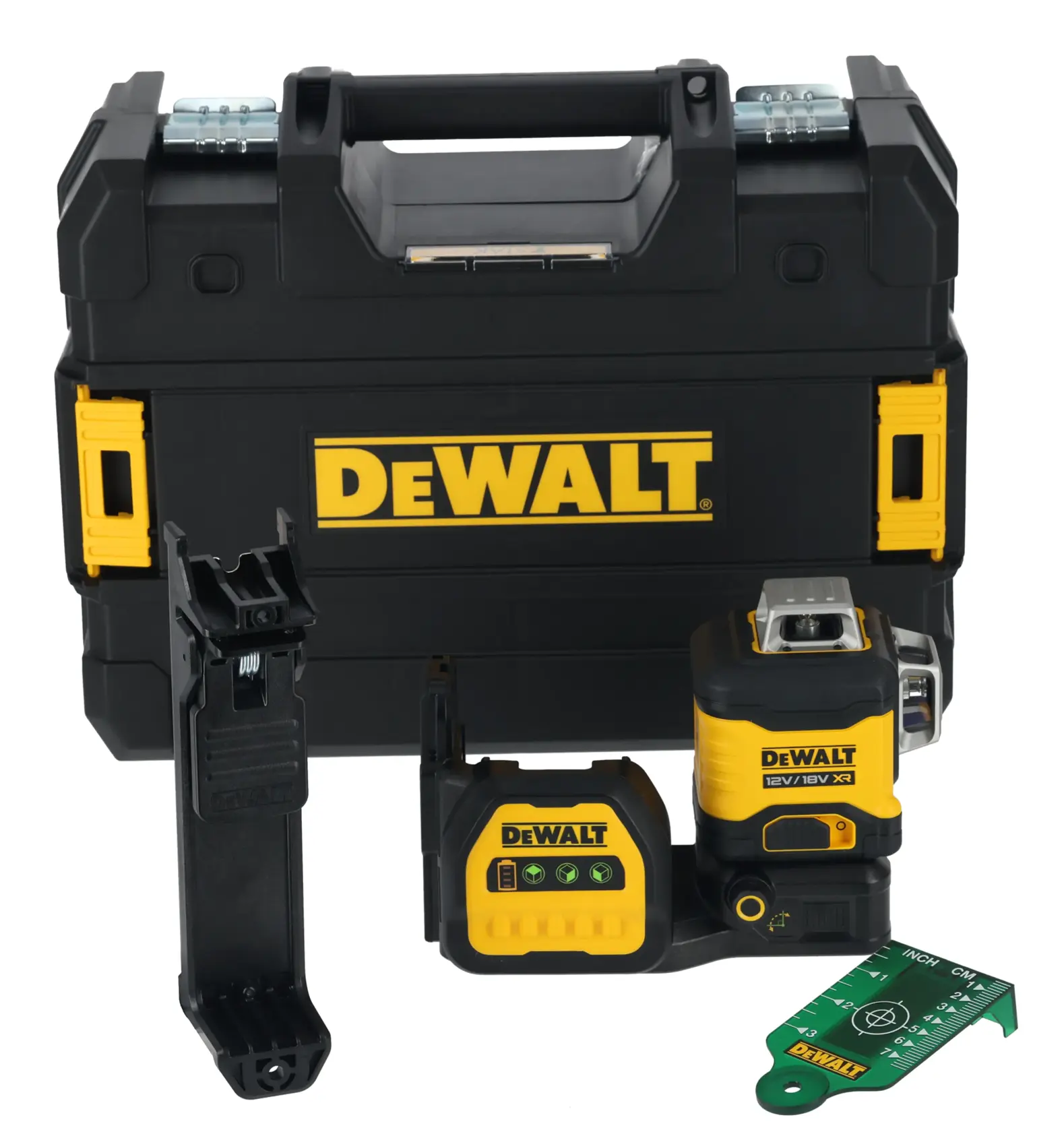 Kit de niveau laser DEWALT comprenant une mallette rigide noire et jaune, un appareil de niveau laser DEWALT, un support de montage, une plaque cible verte et une unité de contrôle.
