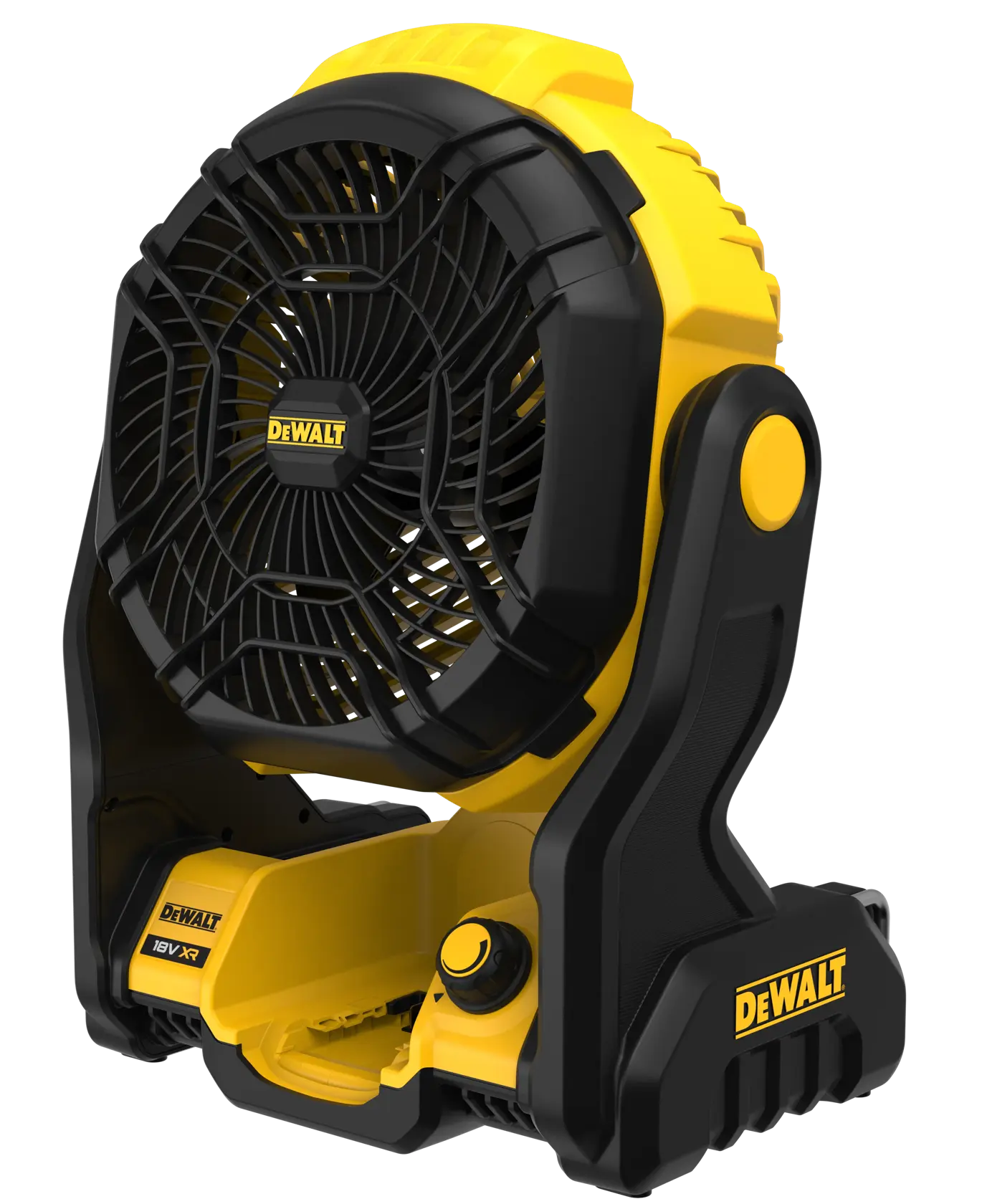 Ventilateur portable DEWALT alimenté par batterie avec design noir et jaune, doté d'une poignée et d'une base ajustable pour un positionnement facile.