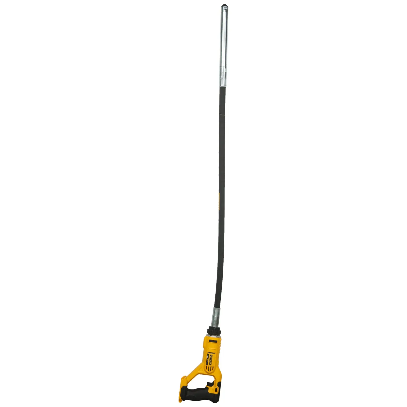 Un outil vibrateur de béton sans fil DEWALT avec un long arbre flexible, de couleur jaune et noire, présenté sur un fond blanc.