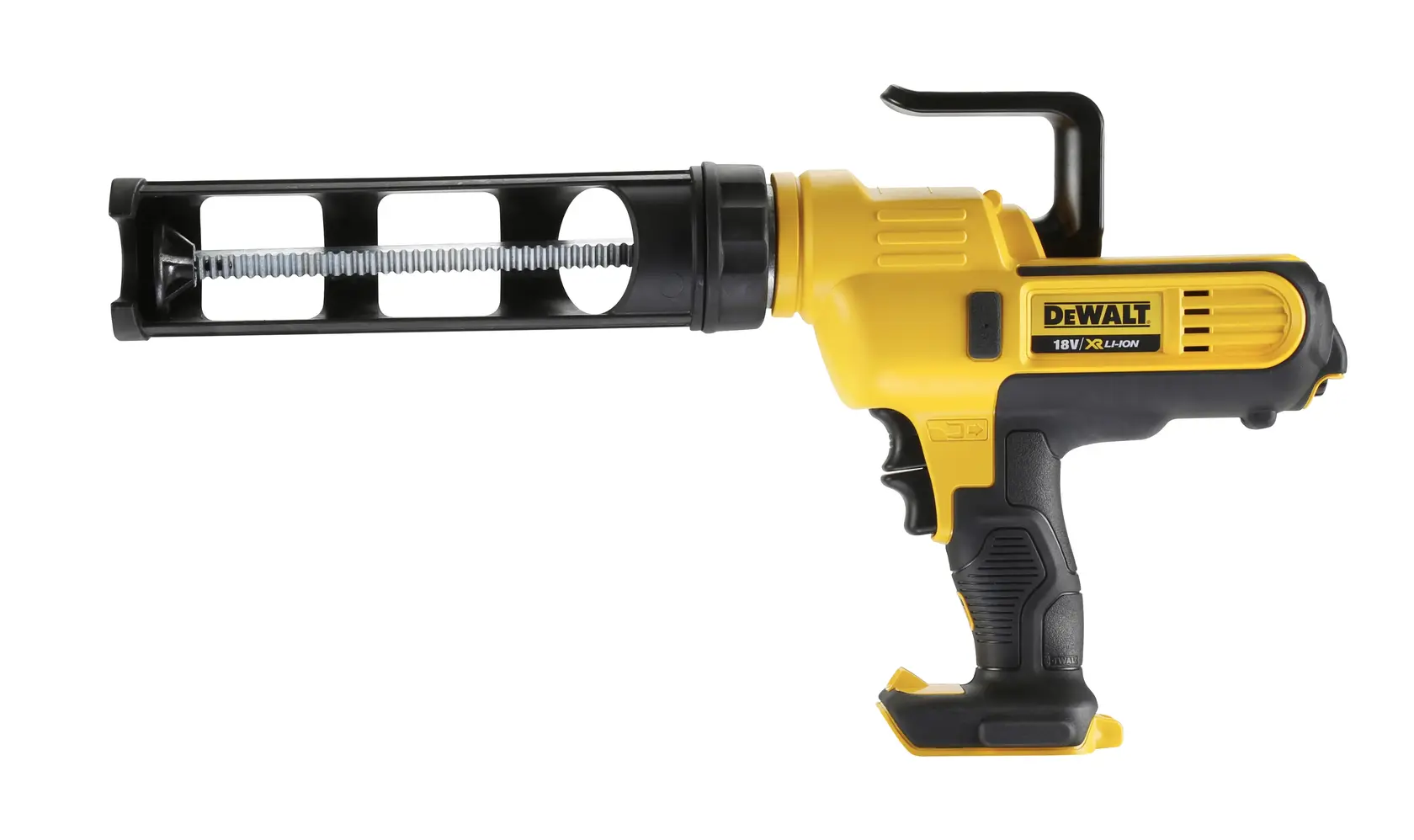 Photo du pistolet à calfeutrer DEWALT DCE560N, DCE560N-XJ, jaune et noir, vue droite sur fond blanc.