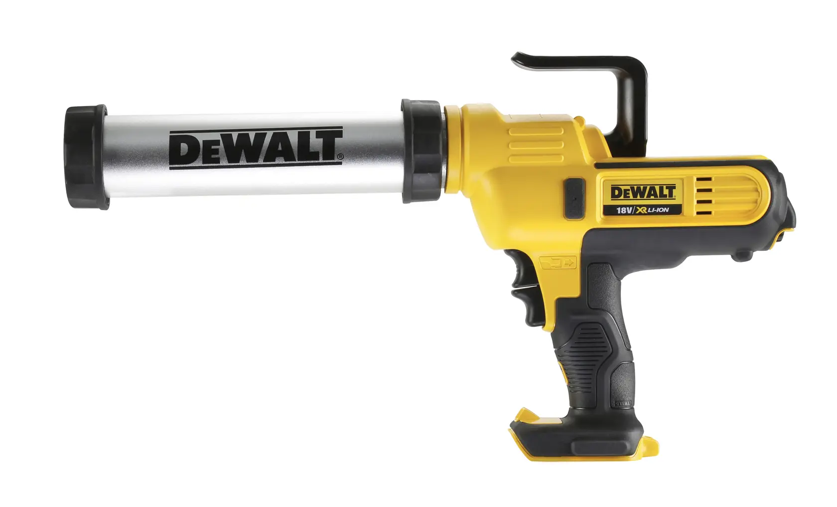 Pistolet à mastic DEWALT 18V DCE571N jaune et noir, tube aluminium pour application de scellant.