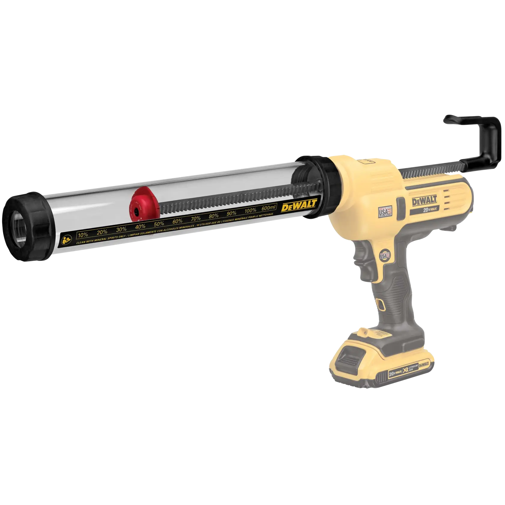 Un tube transparent DEWALT DCE5801-XJ pour pistolet à mastic sans fil, présenté avec des repères de mesure en millilitres et en pourcentage pour la distribution d'adhésif.