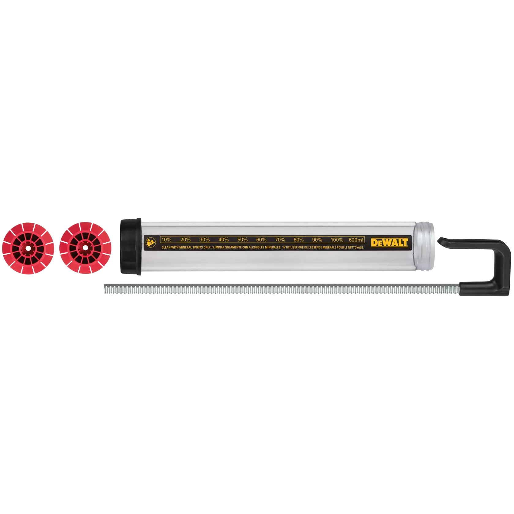 Kit cartouche DEWALT composé d’un tube cylindrique transparent avec des marques de volume, deux embouts circulaires rouges et une longue tige métallique, présenté sur fond blanc.