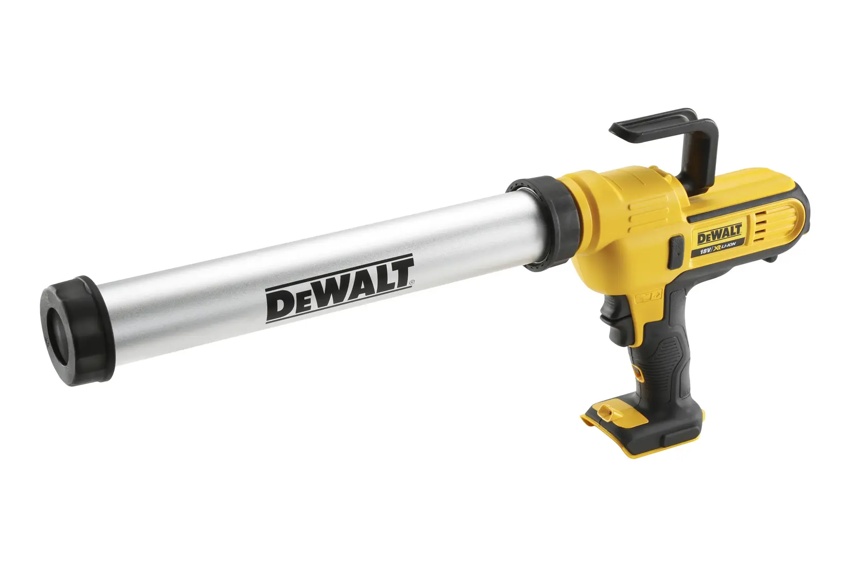 Un pistolet à mastic sans fil DEWALT avec une poignée jaune et noire et un long tube argenté, présenté sur un fond blanc.
