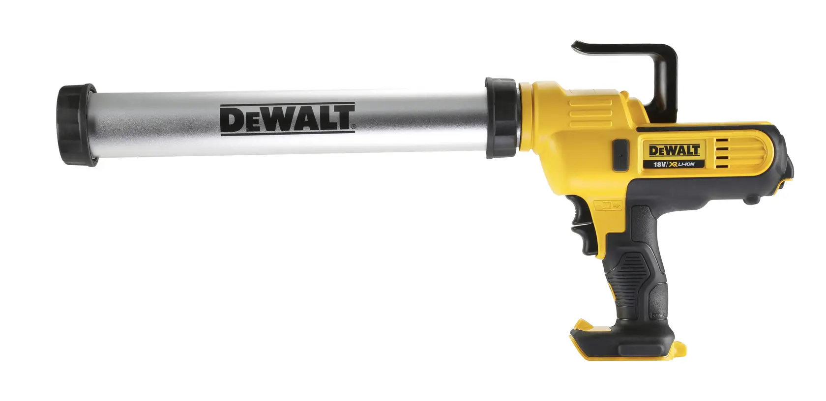 Pistolet à mastic sans fil DEWALT DCE580N avec une poignée jaune et noire et un tube argenté, conçu pour appliquer du mastic ou de l’adhésif.