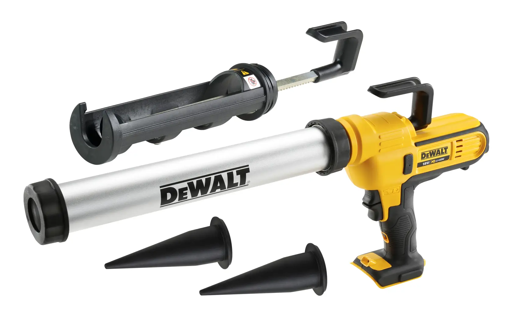 Pistolet à mastic sans fil DEWALT avec tube et deux buses sur fond blanc.
