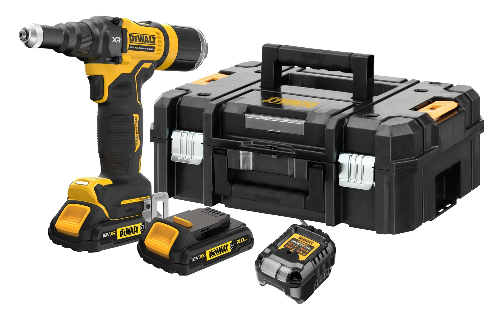 Ensemble perceuse sans fil DEWALT avec deux batteries, chargeur et mallette noire, sur fond blanc.