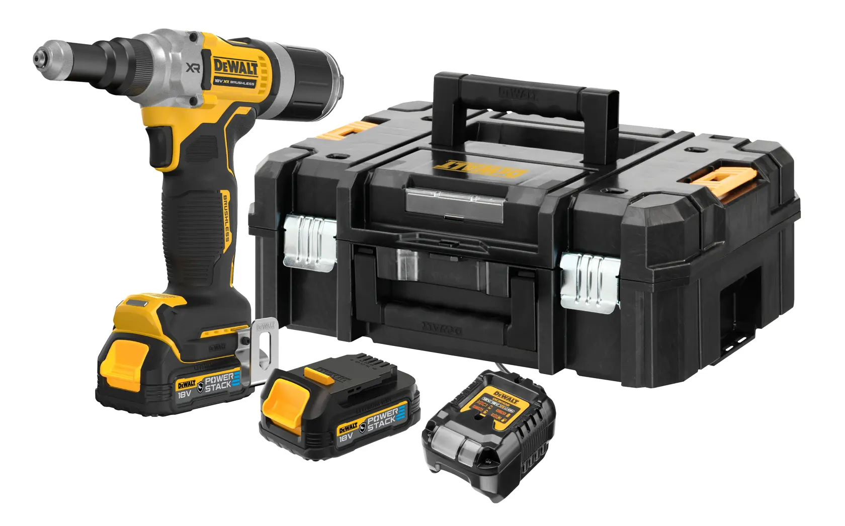 Kit de clé à chocs sans fil DEWALT DCF414E2GT comprenant une clé à chocs noire et jaune, deux batteries Powerstack 18V, un chargeur de batterie et une mallette de rangement noire DEWALT.
