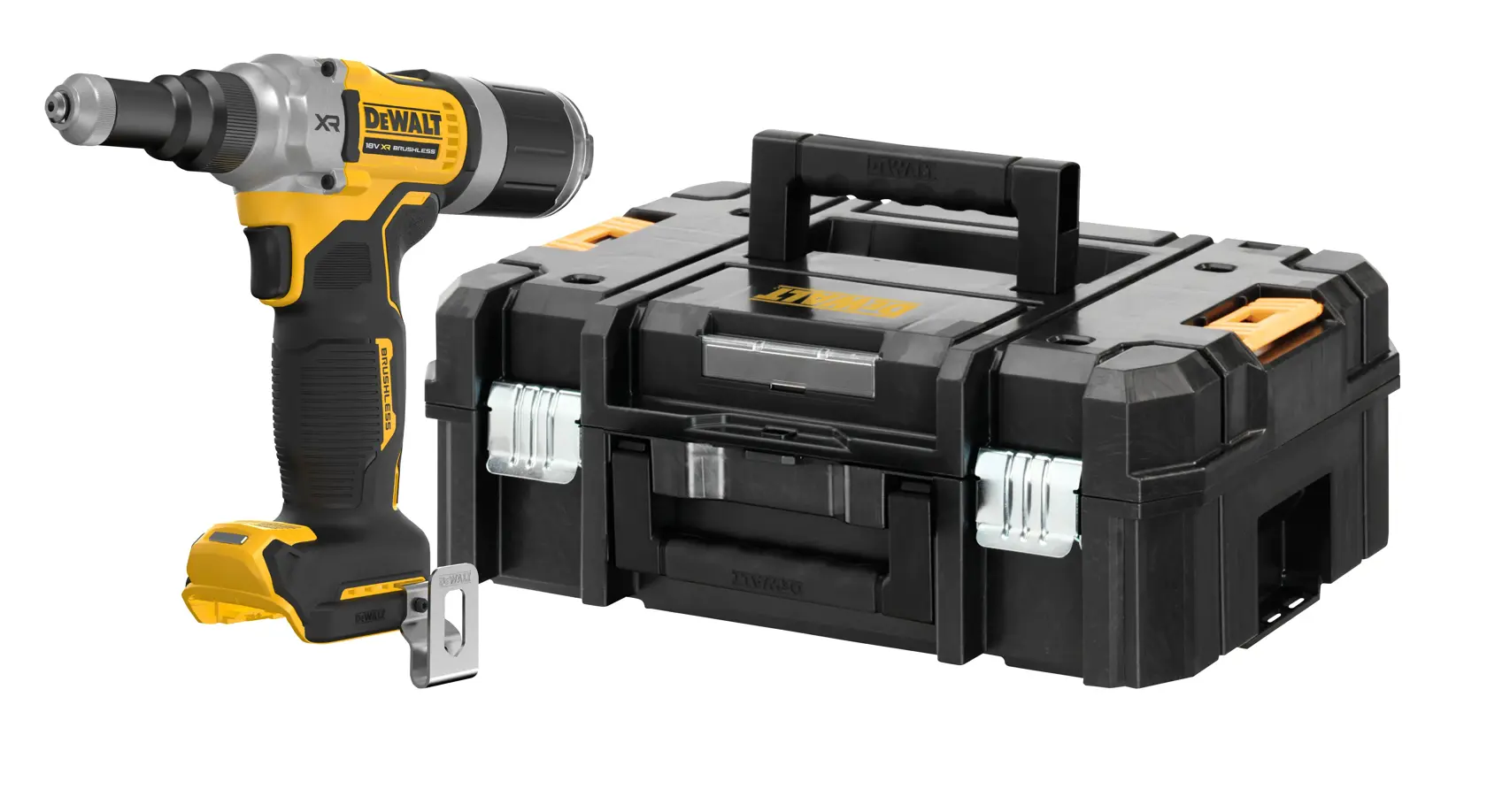 Un outil électrique sans fil DEWALT au design noir et jaune est présenté à côté d'une mallette de transport noire solide avec une poignée et des loquets en métal.