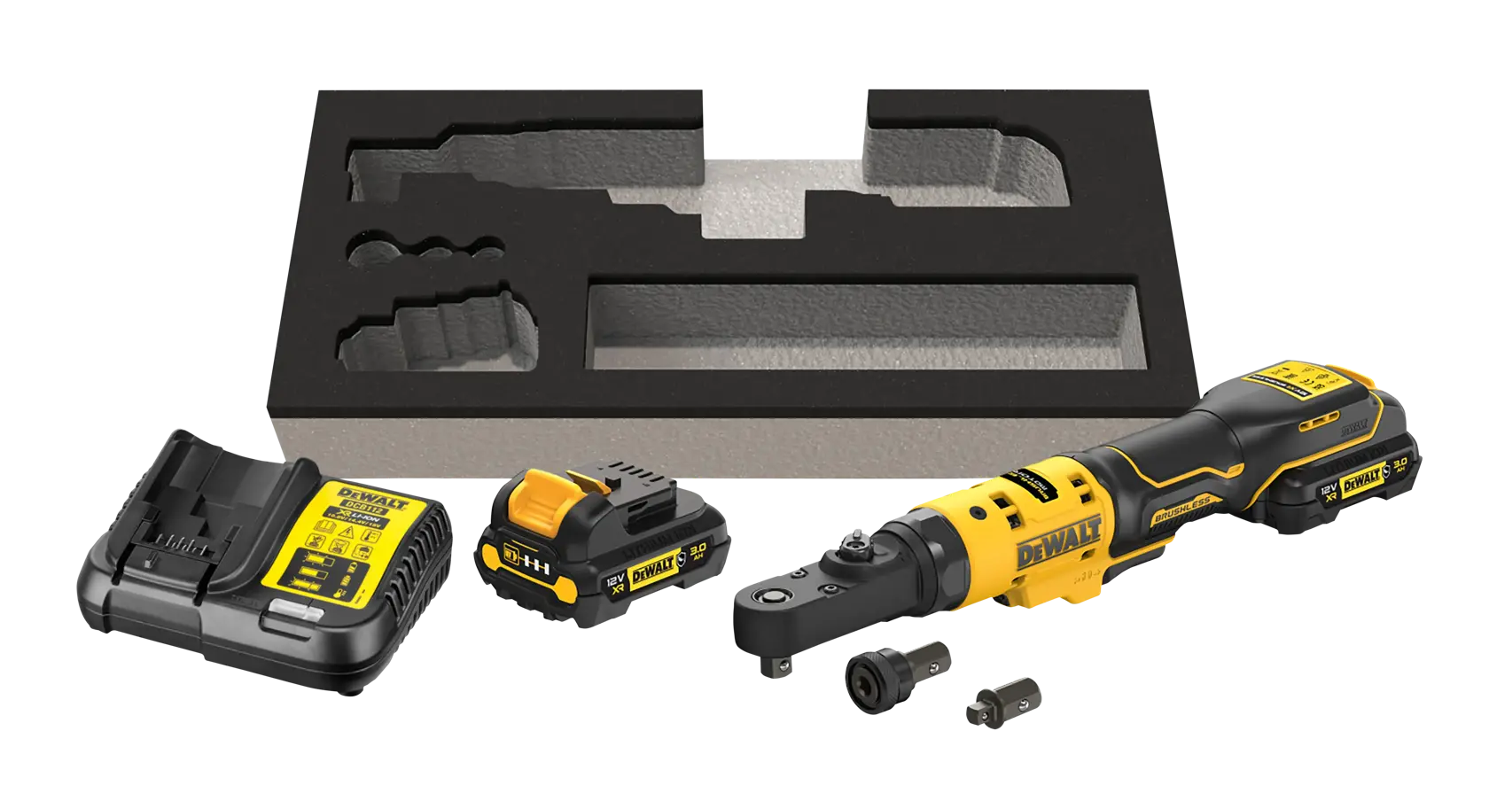 Kit clé à cliquet sans fil DEWALT avec batterie, chargeur, accessoires et insert en mousse.