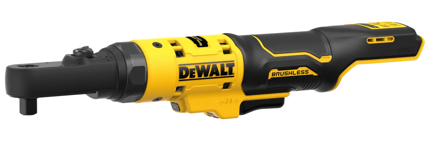 Outil à cliquet sans fil DEWALT DCF500N brushless, noir et jaune, vue latérale sur fond blanc.