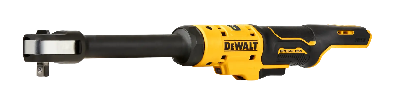 Clé à cliquet DEWALT sans fil, jaune et noire, tête allongée, destinée aux travaux mécaniques.