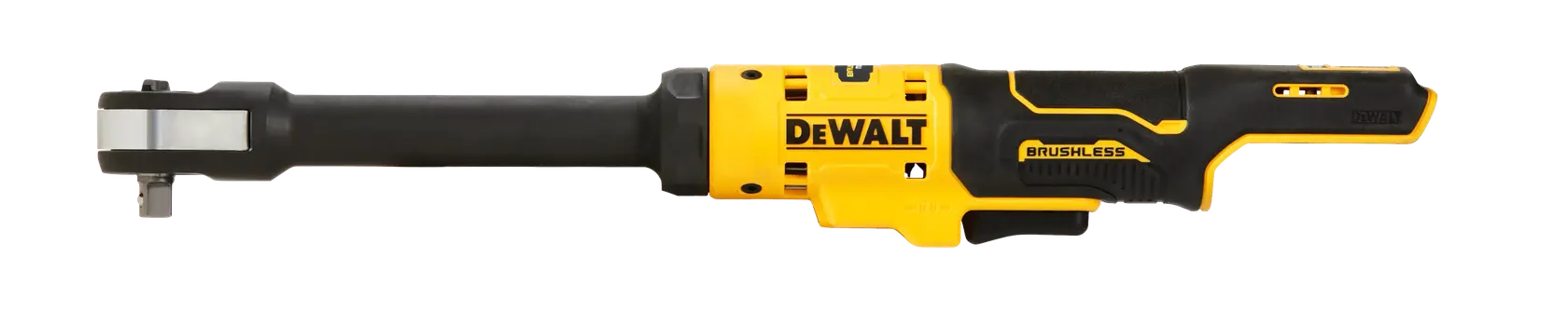 Clé à cliquet sans fil DEWALT brushless, manche long, jaune et noir, sur fond blanc.