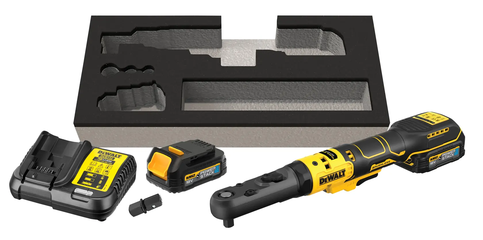 Kit cliquet sans fil DEWALT avec chargeur, batterie, adaptateur et plateau en mousse sur fond blanc.