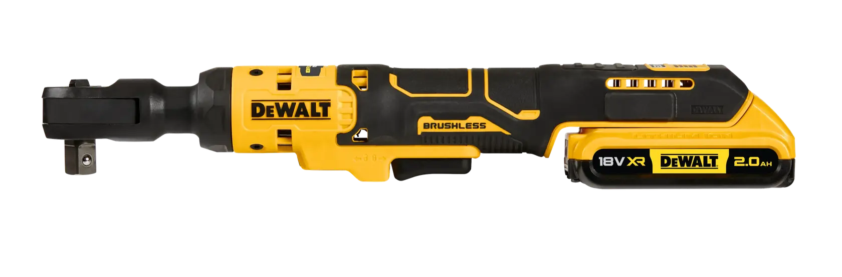 Un outil à cliquet sans fil DEWALT 18V XR brushless, jaune et noir, avec une batterie de 2,0Ah attachée. L’outil est présenté sur un fond blanc.