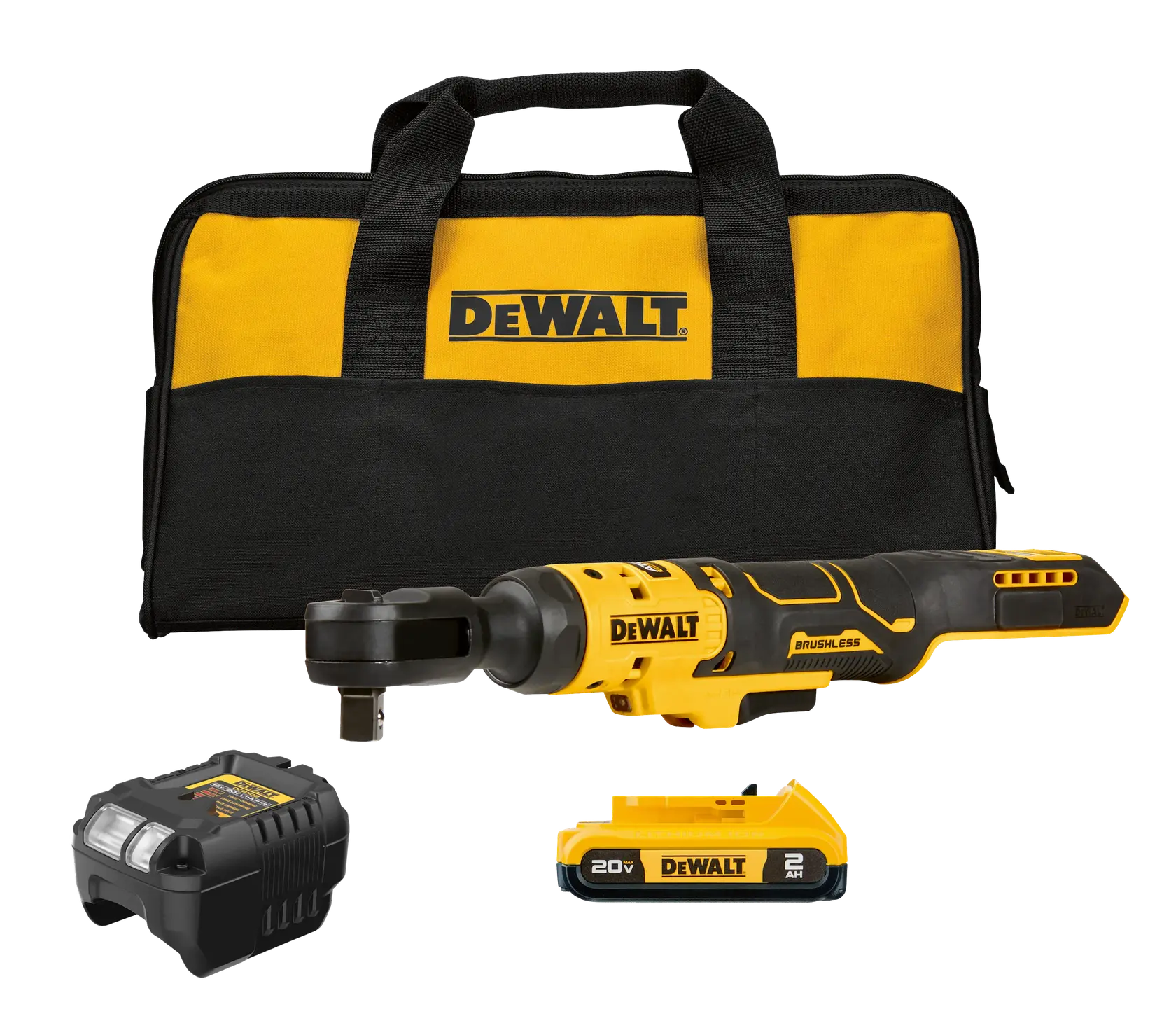 Un kit de cliquet sans fil DEWALT avec un sac à outils jaune et noir, un chargeur de batterie et une batterie au lithium-ion 20V.