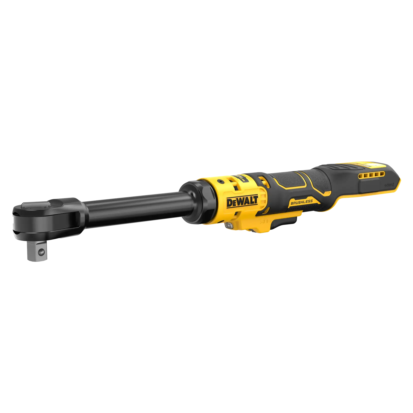 Clé à cliquet DEWALT, SKUs DCF512EN, DCF512EN-XJ. Design compact jaune-noir pour la photographie.