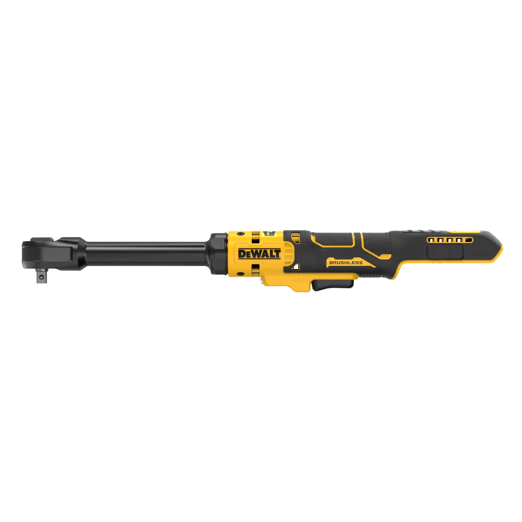Outil cliquet DEWALT photographie, SKUs DCF513EN-XJ, DCF513EN, jaune-noir, vue de côté.