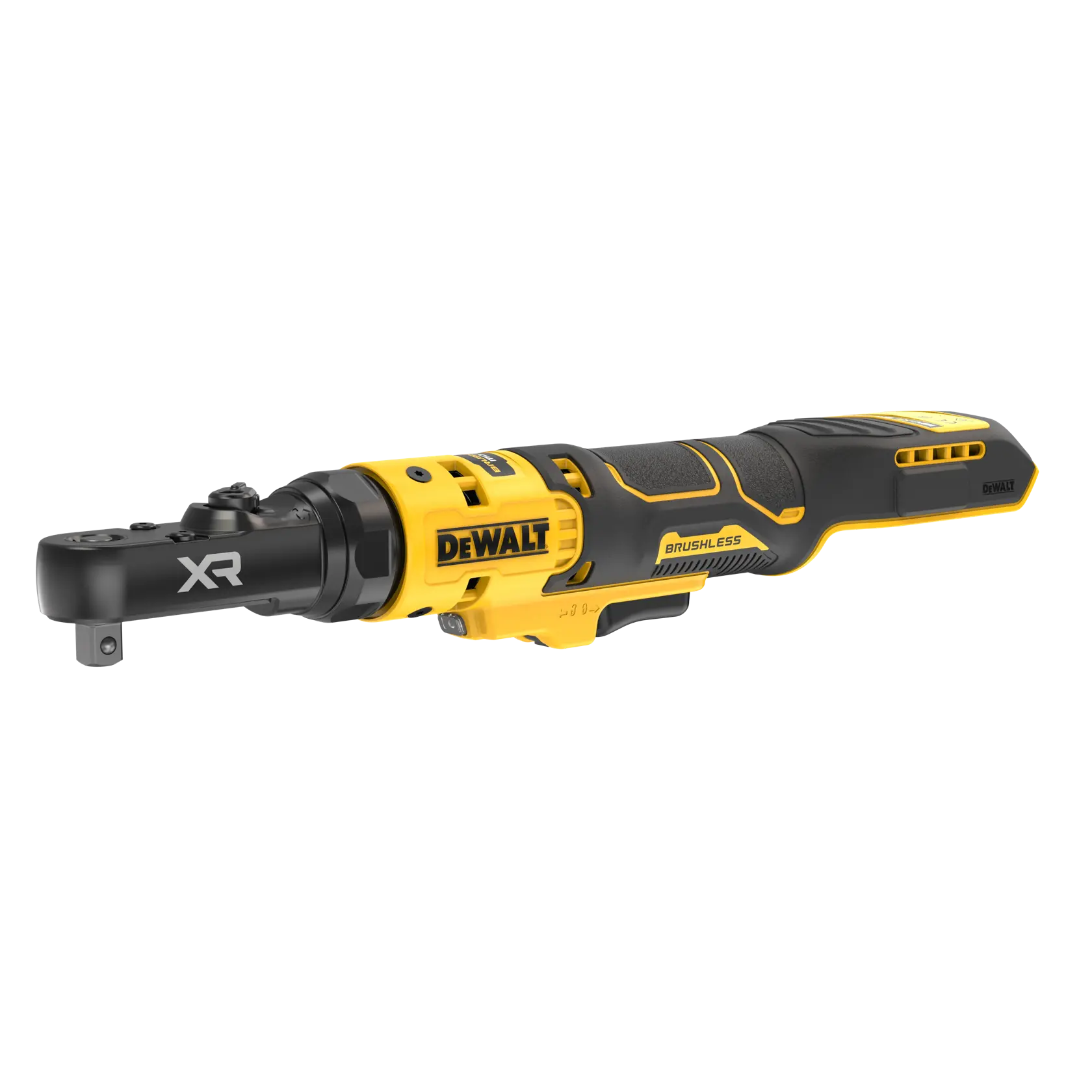 Clé à cliquet DEWALT, photographie. Réfs : DCF520N-XJ, DCF520N. Modèle sans fil jaune et noir.