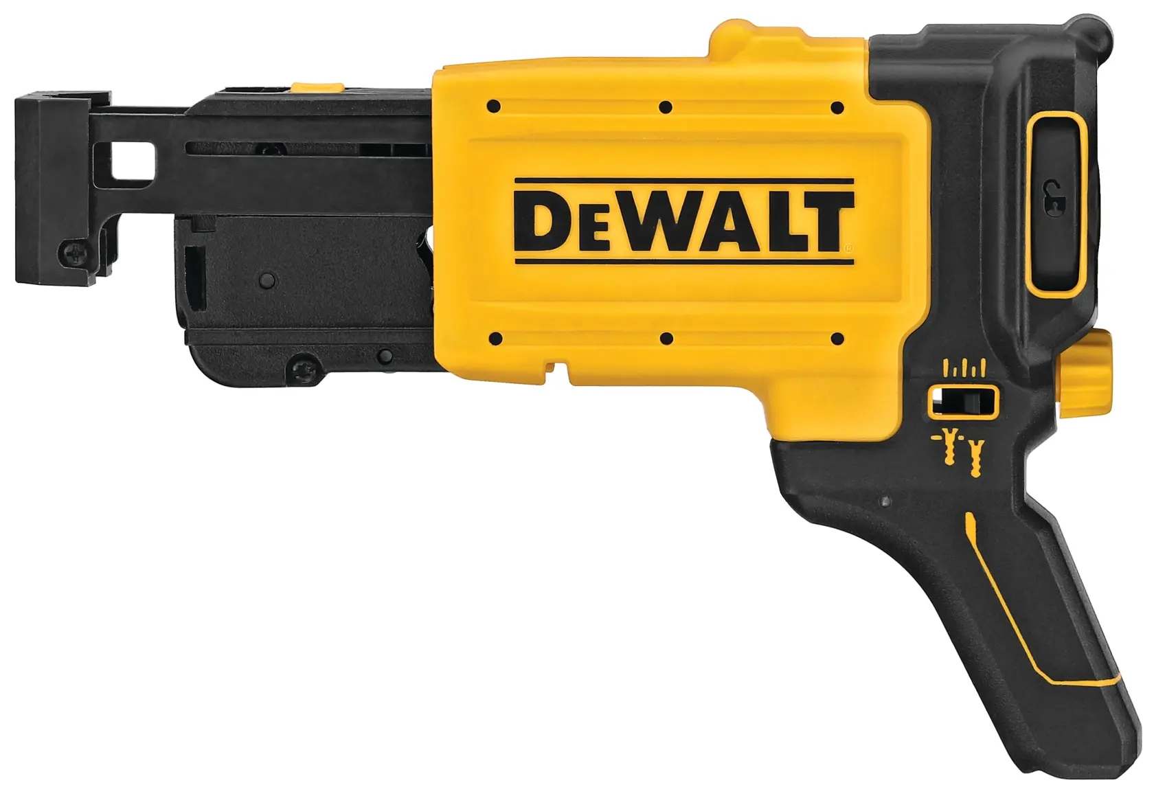 Accessoire pour visseuse à plaque de plâtre DEWALT DCF6202, présenté en vue latérale avec une coque jaune et noire, conçu pour être utilisé avec des outils électriques DEWALT compatibles.
