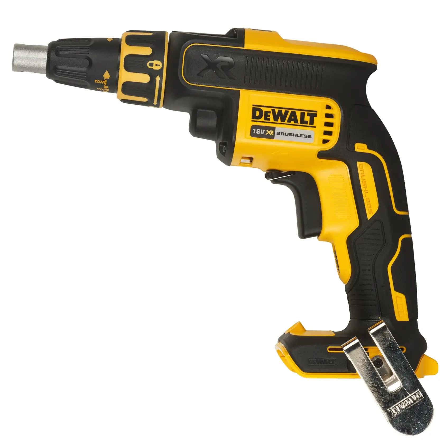 Photo du DEWALT DCF620NT-XJ 18V XR visseuse sans fil, noir et jaune, vue latérale, fond blanc.
