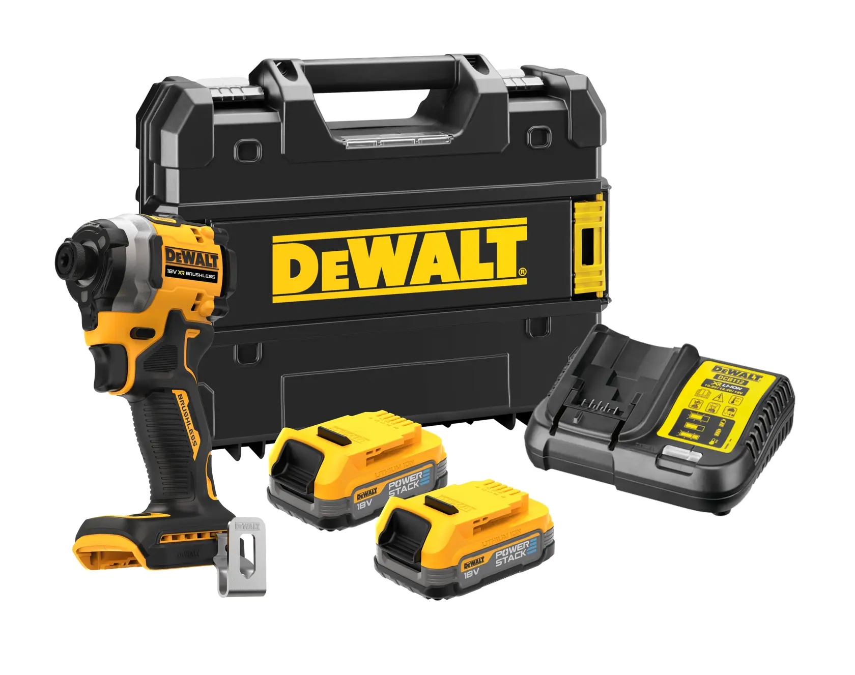 Kit DEWALT avec visseuse, chargeur, deux batteries, clip ceinture et mallette rigide, noirs et jaunes.