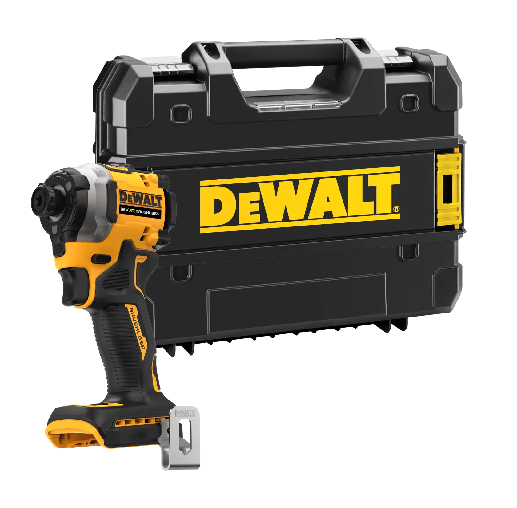 Visseuse à percussion sans fil DEWALT avec mallette noire derrière, toutes deux avec logo jaune DEWALT.