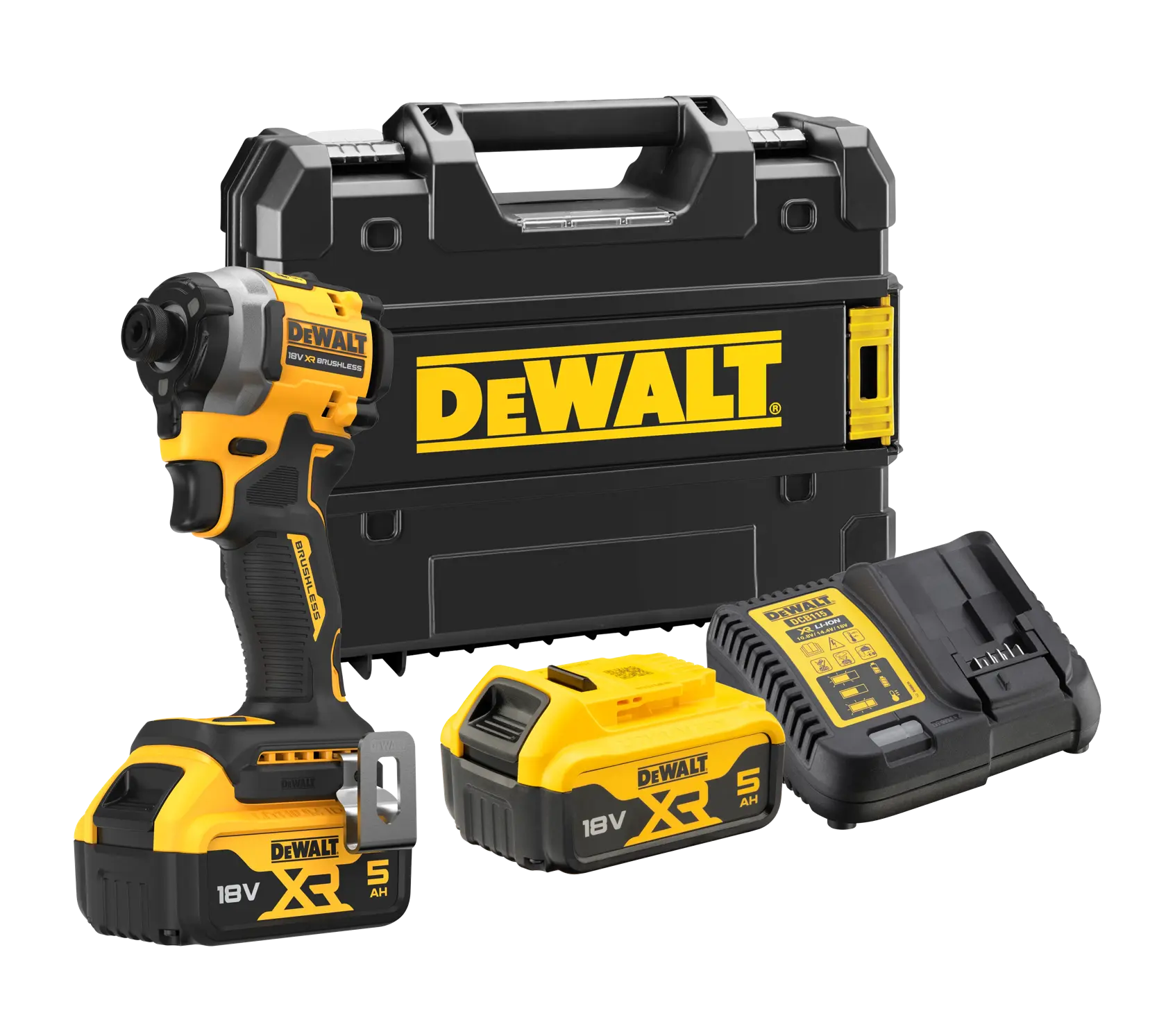 Viseuse à choc DEWALT 18V XR avec deux batteries, chargeur et mallette.