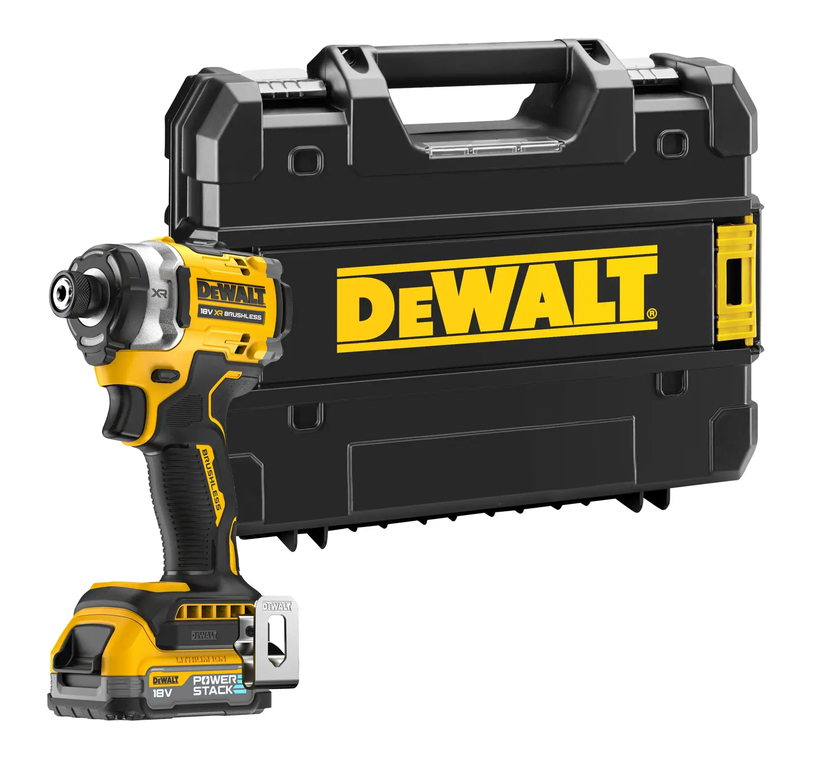 Visseuse à choc DEWALT sans fil avec une mallette noire, logos jaunes visibles.