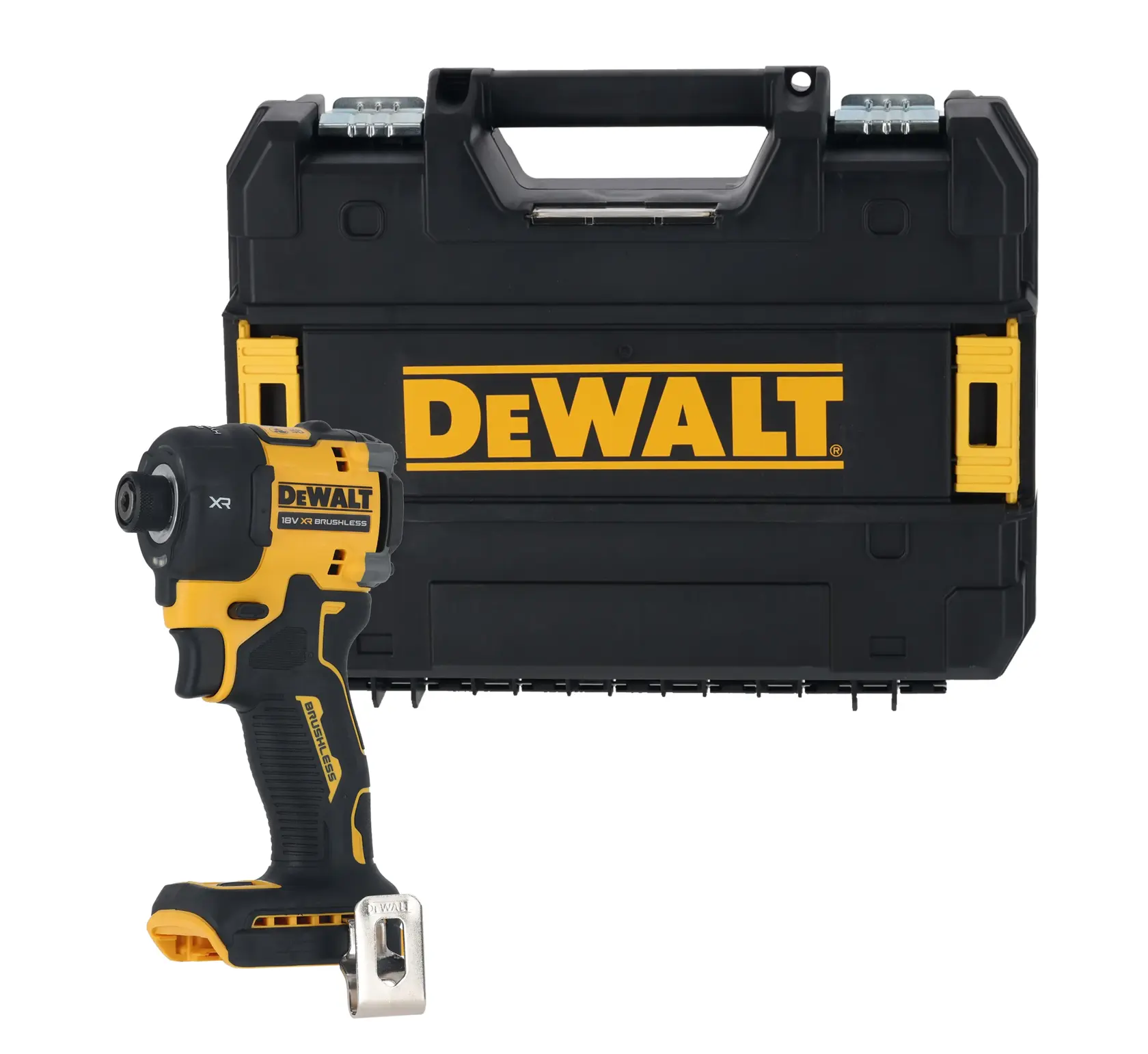 Visseuse à choc sans fil DEWALT avec mallette noire, toutes deux arborant un logo jaune.
