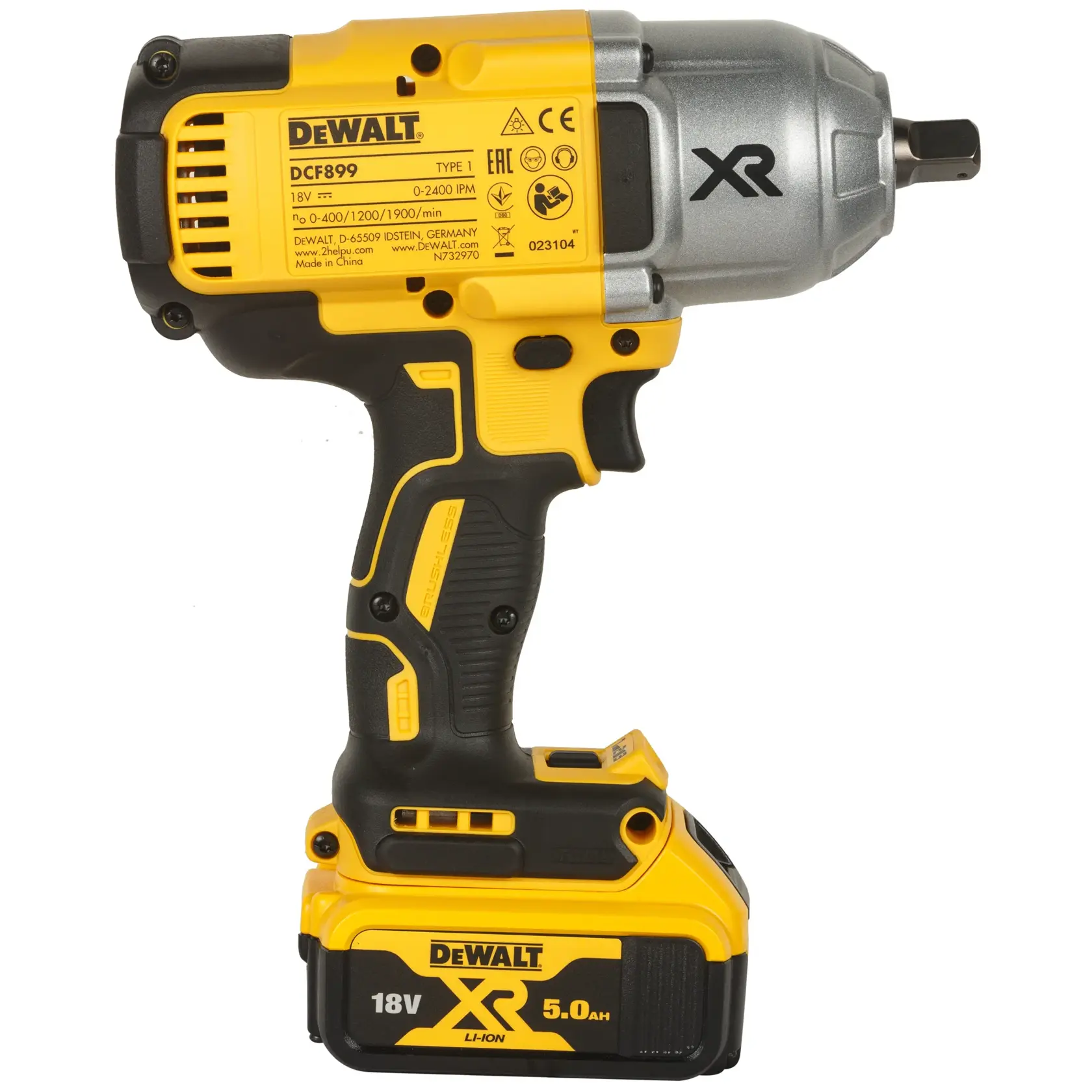 Une clé à chocs sans fil DEWALT 20V MAX XR avec un corps jaune et noir, dotée d'une batterie lithium-ion (5Ah) fixée à la base.